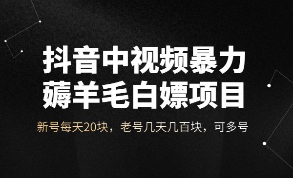 抖音中视频暴力薅羊毛白嫖项目：新号每天20块，老号几天几百块，可多号